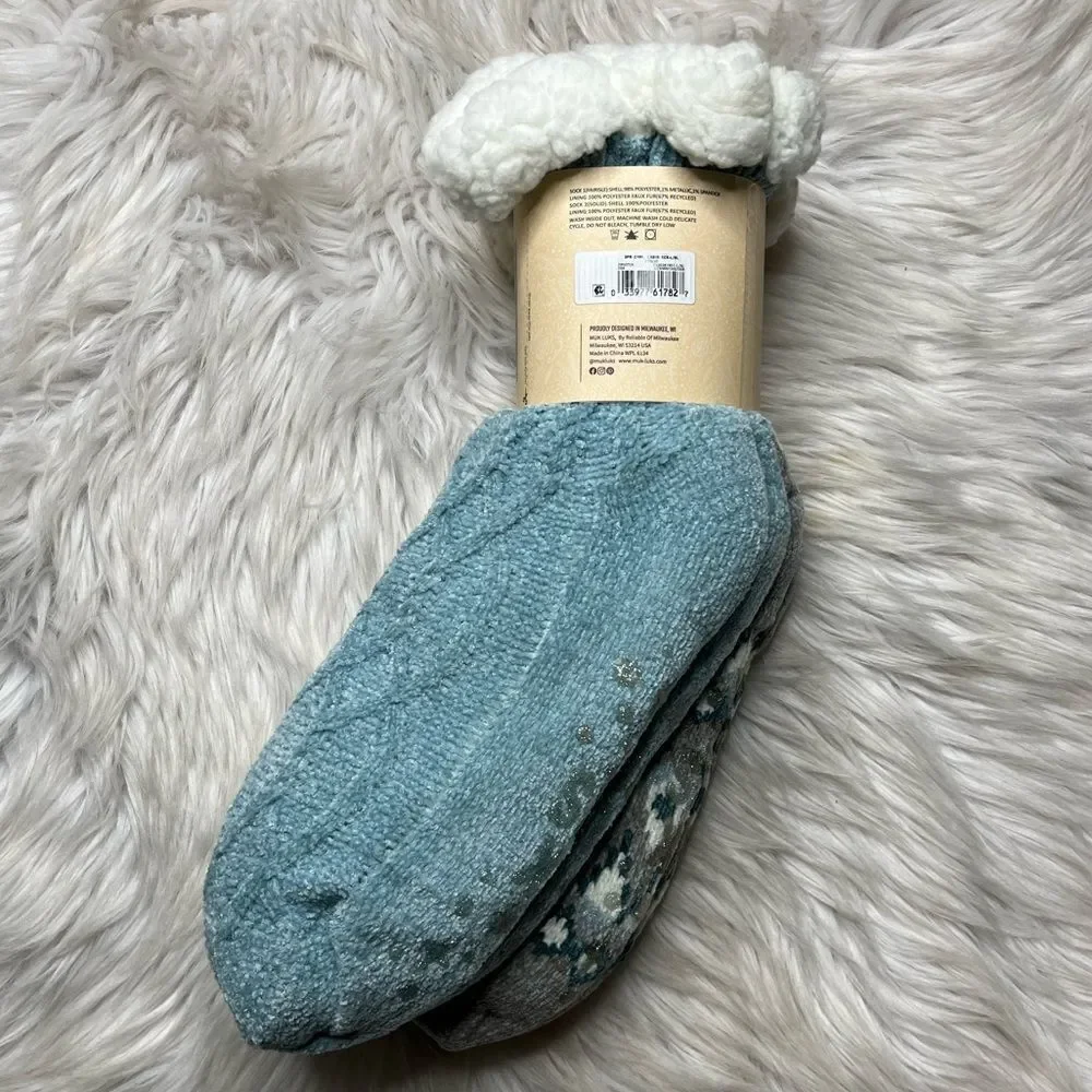 Muk Luks Cozy Chenille Cabin Socks Blue and Grey Size Small